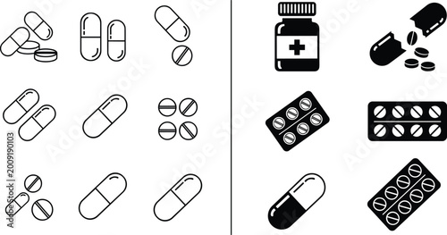 Foto Medicine pills and capsules icons set with blister packs bottle healthcare pharm