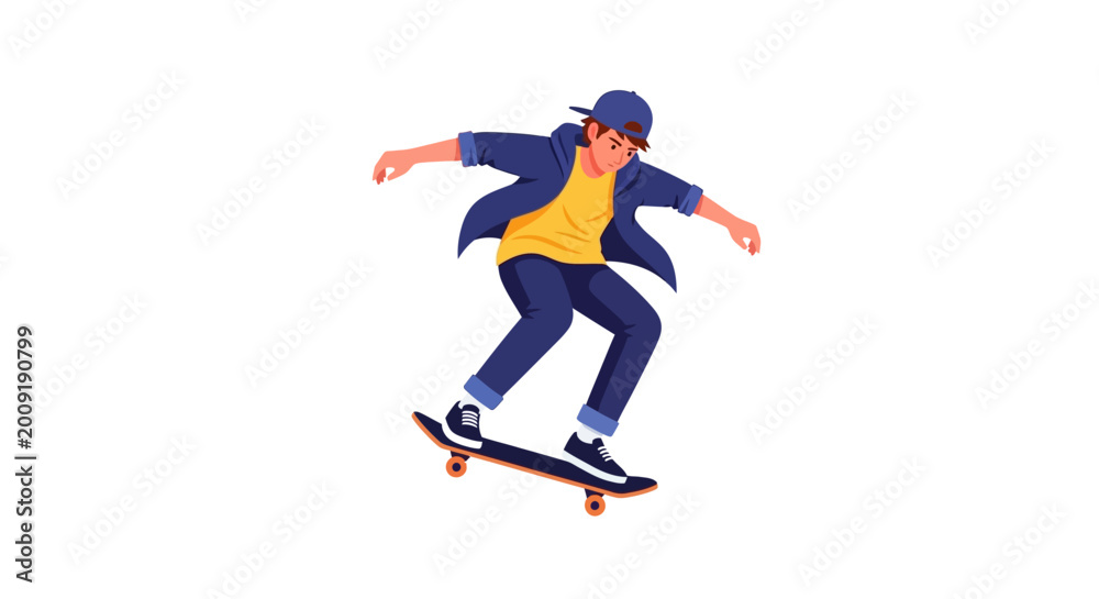 Fototapeta premium Teenage Skateboarder Character Illustration - Active Young Boy Performing Skate Trick Isolated on White