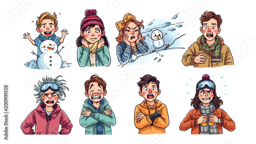 Canvas Print Freezing Emotions: A series of illustrations of individuals expressing a range of emotions during a snowy winter, capturing feelings of shock and cold, offering a glimpse into the emotional responses