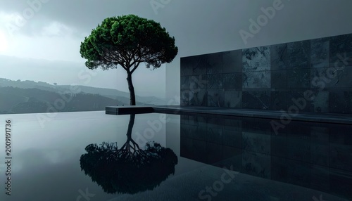 Luxury infinity pool reflecting pine tree and hills
