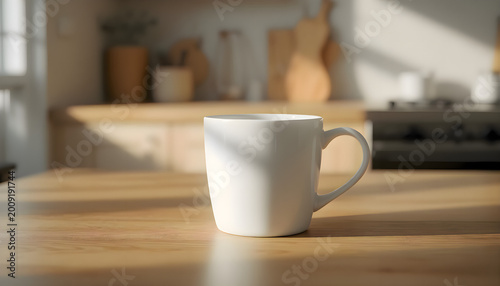 White coffee cup sitting on table in kitchen, minimalist home interior or cafe design for morning breakfast and caffeine break