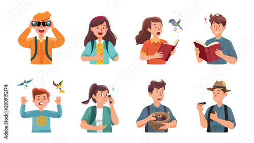 Photos Bird Enthusiasts Observing: A colorful array of bird enthusiasts engrossed in observing, studying, and appreciating various avian species in their natural habitat