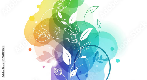 Abstract spring floral background featuring green leaves and butterflies in a vector art illustration with elegant swirls and foliage curves for nature decor design