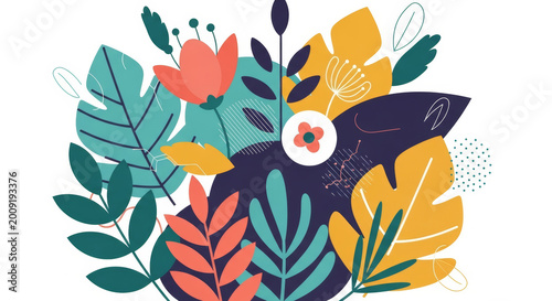 Abstract spring floral background featuring green leaves and butterflies in a vector art illustration with elegant swirls and foliage curves for nature decor design