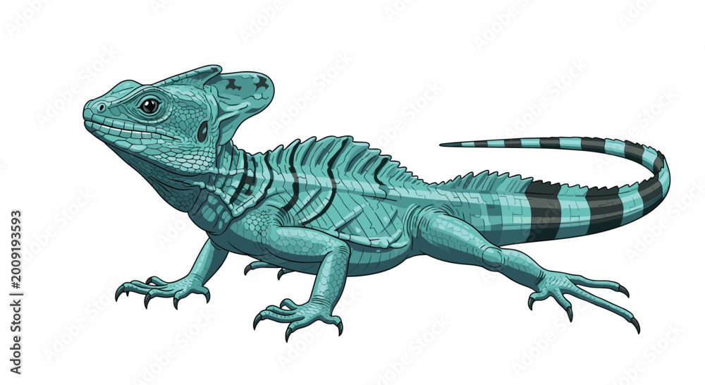 Fototapeta premium Striking illustration of a green basilisk lizard, showcasing its vibrant turquoise scales, crests, and powerful legs, in a dynamic pose.
