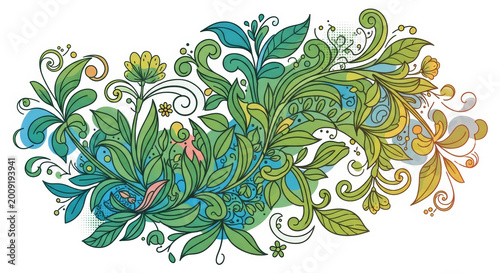 Abstract spring floral background featuring green leaves and butterflies in a vector art illustration with elegant swirls and foliage curves for nature decor design