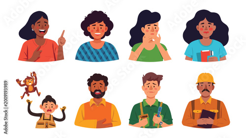 Foto Emotional Portraits: A collection of diverse individuals expresses a range of emotions, from joy and excitement to concern and reflection, illustrating the complexity of human feeling