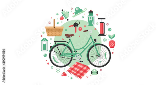 Bicycle Picnic Flat Illustration - Green City Bike with Outdoor Recreation Accessories, Basket, Blanket, and Cycling Gear