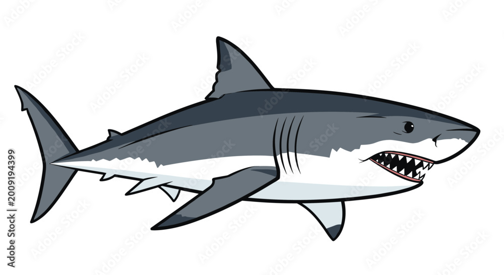 Fototapeta premium Powerful illustration of a great white shark, showcasing its menacing open mouth with sharp teeth, grey and white body, swimming aggressively.