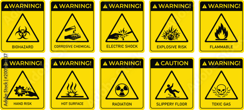 Collection of yellow warning and caution signs with hazard symbols representing biohazard corrosive chemicals electric shock and flammability risks for safety information