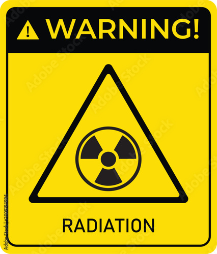Radiation warning sign hazard symbol in a yellow triangle with text safety alert for hazardous materials isolated on white background