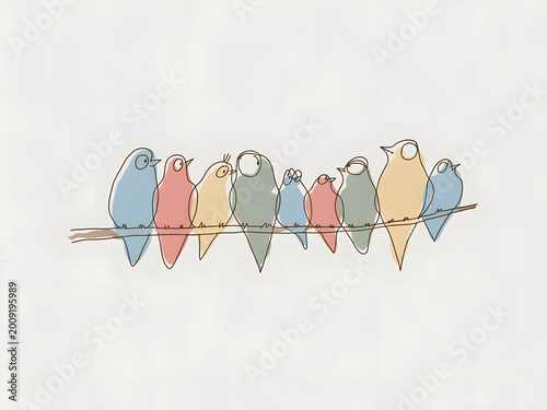Colorful Watercolor Birds Sitting on a Wire Illustration Banner
