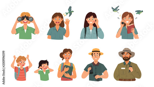 Foto Birdwatching Adventure: An illustrated collection of individuals marveling at the wonders of birdwatching, their expressions conveying a range of emotions as they interact with the avian world