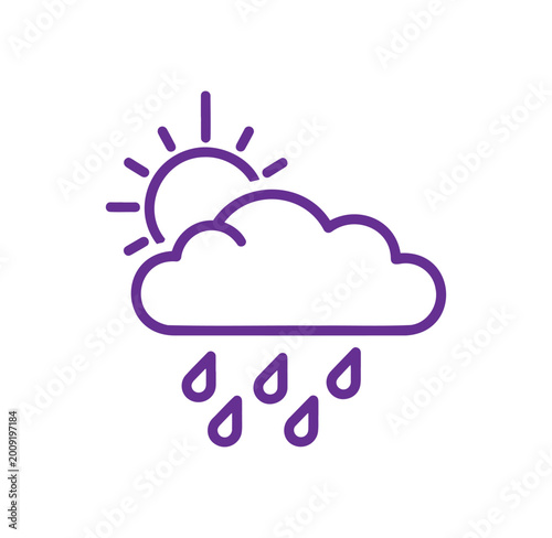 Sun and rain cloud icon with water drops