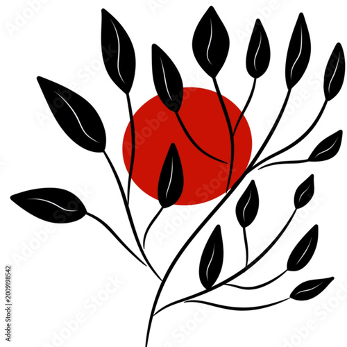 Minimalist Botanical Illustration with Black Leaves and Red Sun
