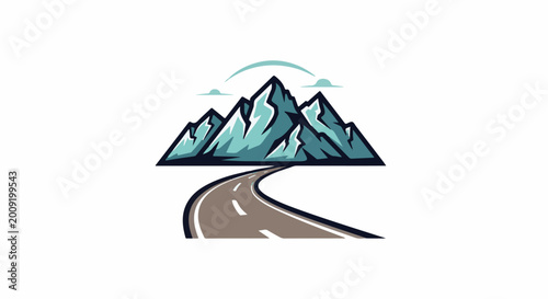 Billede på lærred A winding road leads towards majestic, stylized mountains under a clear sky