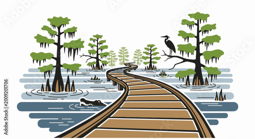 Bild auf Leinwand A wooden boardwalk curves through a stylized swamp with cypress trees, an alliga