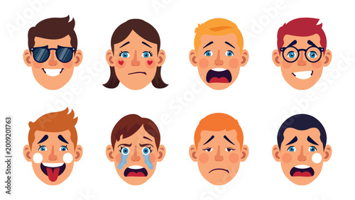 Quadro su tela Expressing Human Feelings: A diverse collection of illustrated faces portrays a spectrum of human emotions, ranging from joy and sorrow to fear and anger