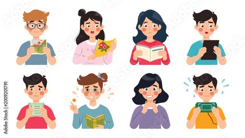 Fotografija Readers' Reactions: Capturing a range of emotive responses, these individuals display expressions of shock, worry, and delight as they immerse themselves in their readings