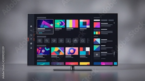 Sleek modern TV screen displaying vibrant multimedia content against a textured gray background