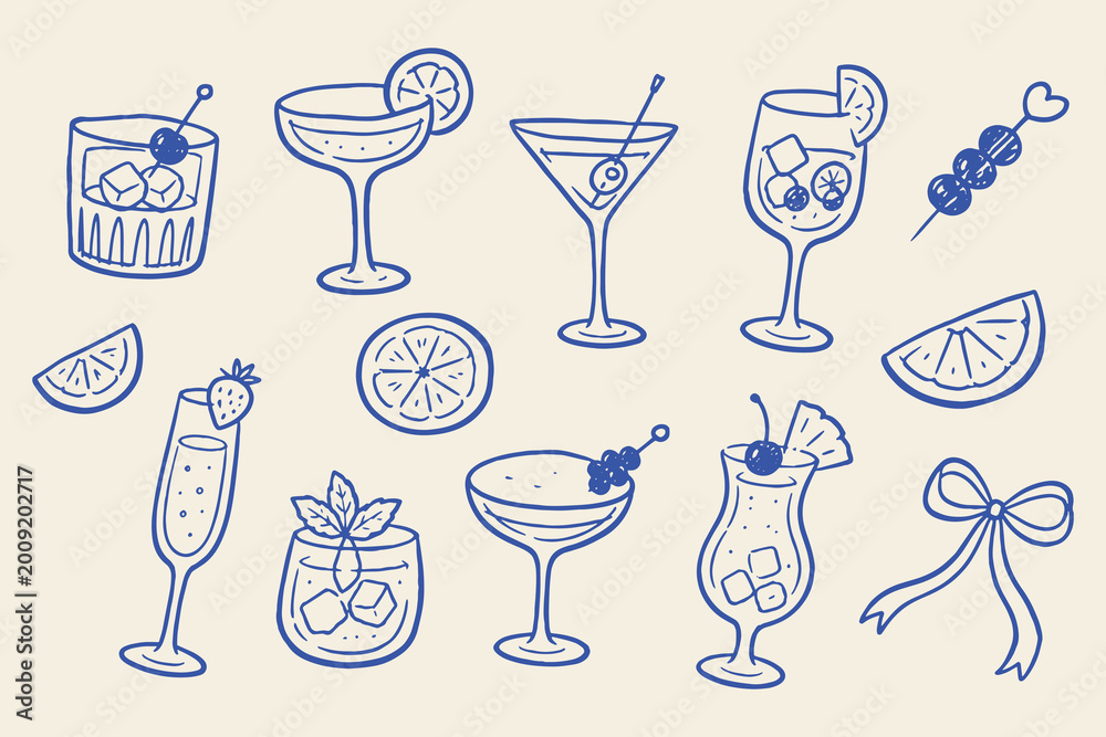 Obraz premium Cocktail drinks set blue doodle pattern vector