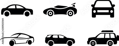 Fotografie Collection of six black silhouette car icons representing various vehicle types