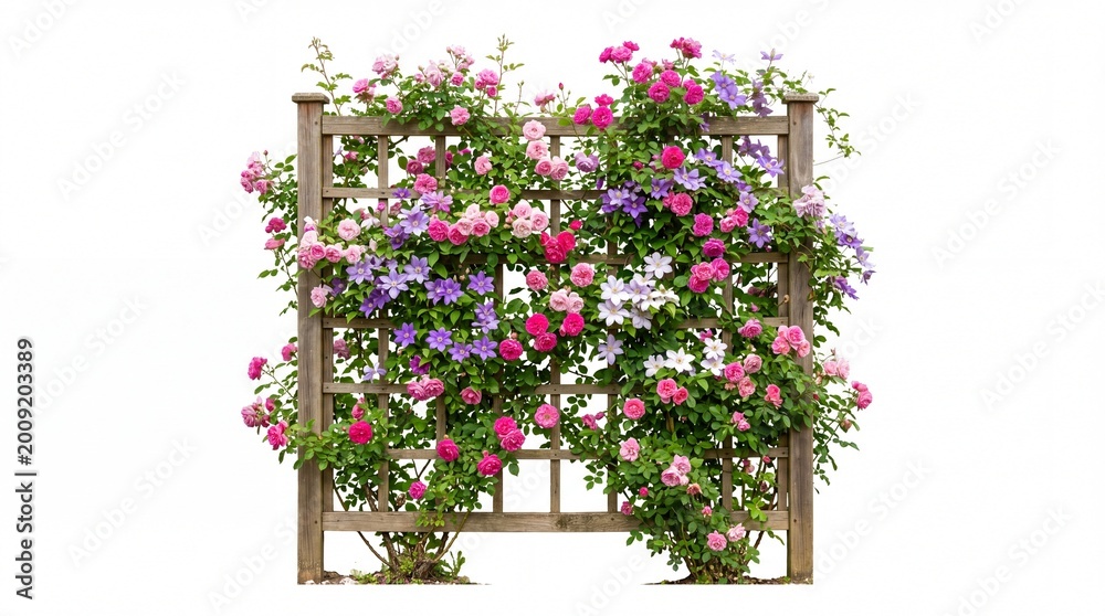 Fototapeta premium Blooming Flowering Vine Trellis with Colorful Roses Against a White Background