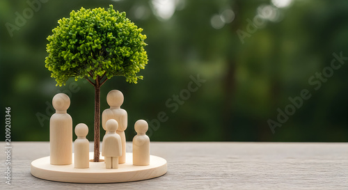 A small wooden family figurine set standing together under a tiny green tree on a circular base