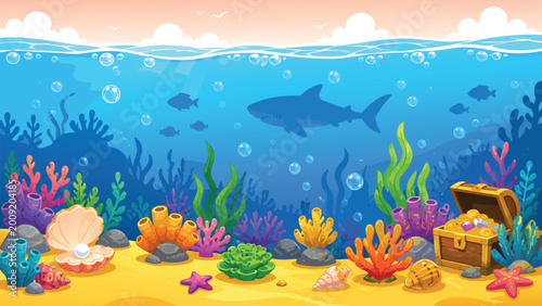 Cartoon coral reef with fish  underwater landscape, Panoramic bright seascape. Vector illustration