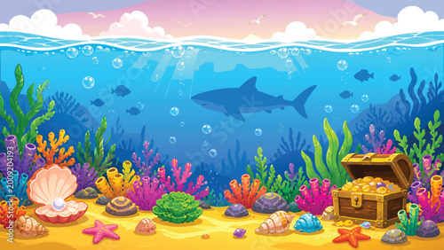 Cartoon underwater landscape, ship, columns, fish. underwater world with fishes