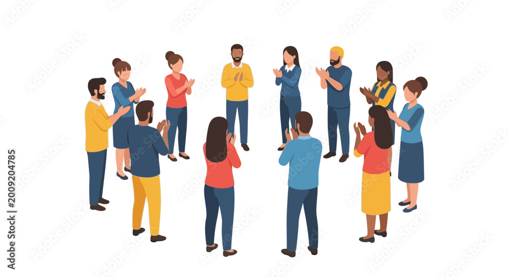 Obraz premium Diverse Group of People Standing in a Circle Applauding and Clapping. Vector Illustration of Team Success, Celebration, Support, and Community Inclusion.