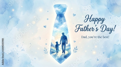 Fatherhood concept illustration featuring a necktie silhouette with a father and child walking together against a blue watercolor background for celebrating annual holiday greeting cards
