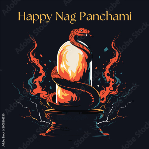 Foto Powerful nag panchami poster with red cobra wrapped around glowing shiva lingam