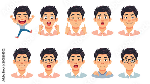Slika na platnu Facial Expressions: A vibrant array of illustrations depicting a range of emotive states in a single person, encapsulating joy, anger, sadness, and various other moods