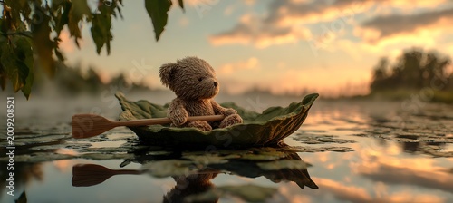 Sleepy teddy bear on a leaf boat at sunset