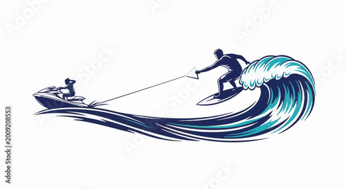 Action shot of wake surfer being pulled by jet ski on a large ocean wave