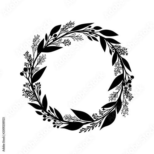Hand Drawn Black Silhouette Floral Wreath Frame with Leaves and Berries