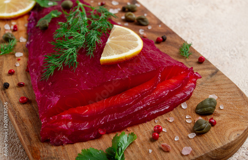 Salmon gravlax with beetroot, Scandinavian snack, beet gravlax, lightly salted fish, homemade, no people,