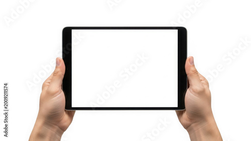 Hands holding tablet screen isolated on transparent background isolated on transparent background