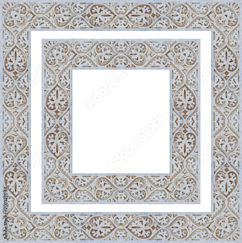 Old carved stone frame, on white background for easy selection, taken from the medieval frieze of the facade of Pisa Cathedral  (Italy - Tuscany - Pisa city)