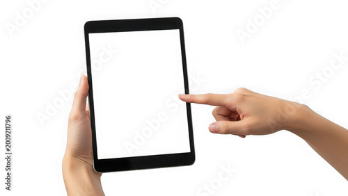 Hand interacting with tablet screen isolated on transparent background isolated on transparent background