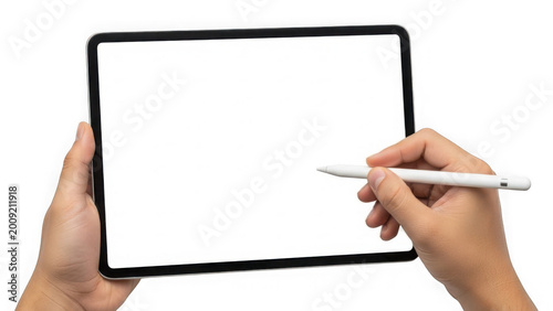 Hand holding tablet with stylus isolated on transparent background isolated on transparent background