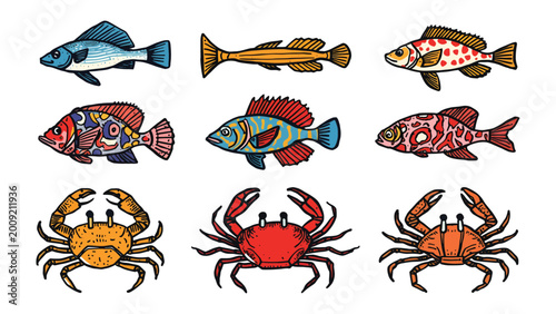 Marine Life Illustration: A vibrant collection of stylized fish and crabs, showcasing a diverse array of shapes, colors, and patterns, capturing the charm of aquatic ecosystems.