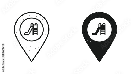 Free Download Playground slide location pin icon vector illustration in outline and solid black styles with grunge texture for park and recreation points - GFXLoad