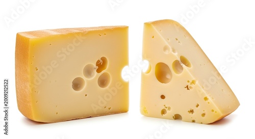 two pieces of swiss cheese with holes on white background close-up food photography