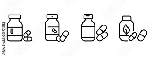 Medicine bottle and capsules web line icons set healthcare drug bottle medical antibiotic capsules pharmacy supplement jar herbal vitamin pills & more vector illustration with editable stroke