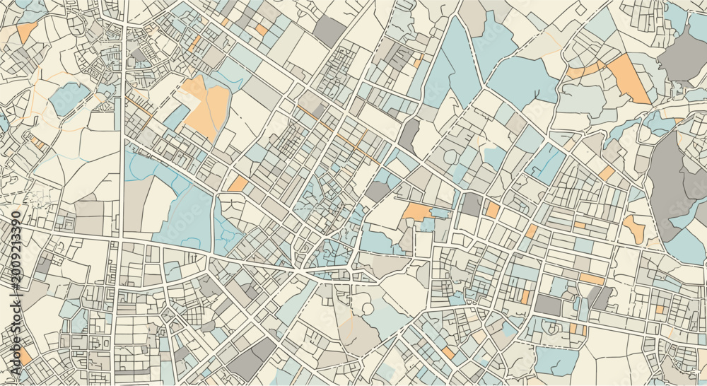 Obraz premium Minimalist city map illustration depicting urban blocks and streets in a simplified palette of beige, blue, and orange.