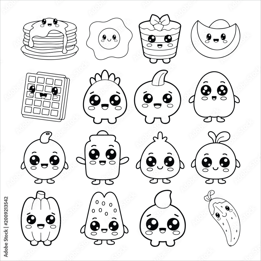 Fototapeta premium Cute Kawaii Food Characters, Breakfast, and Fruit Cartoon Doodle Set