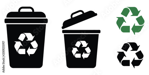 Foto Recycling icon illustration, hand placing waste into trash bin with recycle symbols, environmental protection concept, waste sorting and management, eco-friendly sustainability vector design