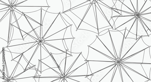 Detailed outline drawing of several overlapping umbrellas or sunshades creating a complex pattern of lines and canopies on white.
